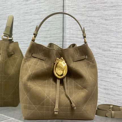 DIOR 26S BUCKET BAG 27 IN LIGHT OLIVE GREEN SUEDE GOLD HARDWARE