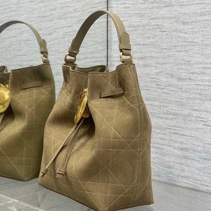 DIOR 26S BUCKET BAG 27 IN LIGHT OLIVE GREEN SUEDE GOLD HARDWARE