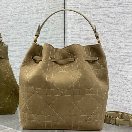 DIOR 26S BUCKET BAG 27 IN LIGHT OLIVE GREEN SUEDE GOLD HARDWARE