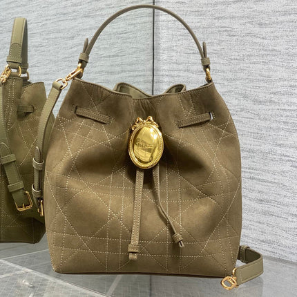 DIOR 26S BUCKET BAG 27 IN LIGHT OLIVE GREEN SUEDE GOLD HARDWARE