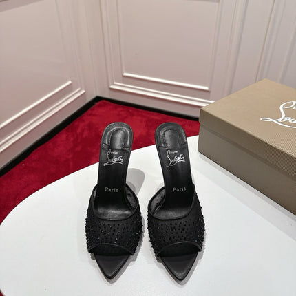 CHRISTIAN LOUBOUTIN 26S HEELED SANDALS 100 MM IN BLACK RHINESTONE MESH