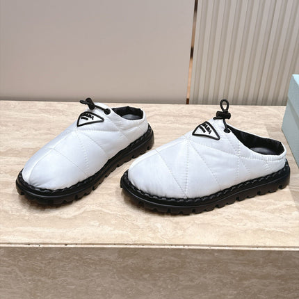 PRADA 26S QUILTED DRAWCORD MULE SHOES 30MM IN WHITE NYLON