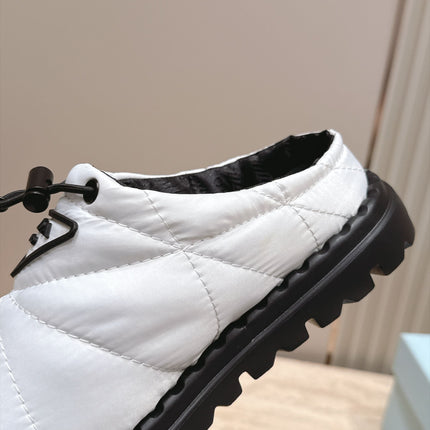 PRADA 26S QUILTED DRAWCORD MULE SHOES 30MM IN WHITE NYLON