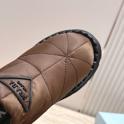PRADA 26S QUILTED DRAWCORD ANKLE SNOW BOOTS 30MM IN DARK BROWN NYLON