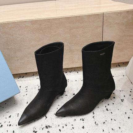 PRADA 26S POINTED TOE MID CALF BOOTS 30MM IN BLACK GRAINED CALFSKIN