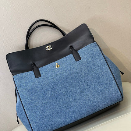 CHANEL 26S SHOPPING TOTE BAG 43 IN DENIM BLUE AND BLACK CALFSKIN