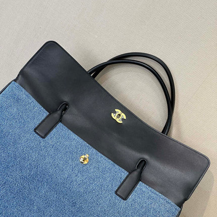 CHANEL 26S SHOPPING TOTE BAG 43 IN DENIM BLUE AND BLACK CALFSKIN