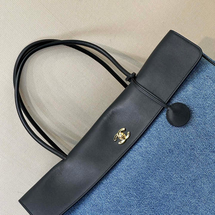 CHANEL 26S SHOPPING TOTE BAG 43 IN DENIM BLUE AND BLACK CALFSKIN