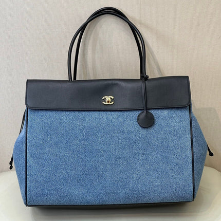 CHANEL 26S SHOPPING TOTE BAG 43 IN DENIM BLUE AND BLACK CALFSKIN