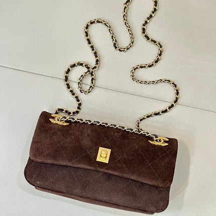 CHANEL 26S FLAP BAG 22 IN CHOCOLATE BROWN SUEDE WITH GOLD HARDWARE