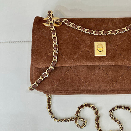 CHANEL 26S FLAP BAG 22 IN BROWN SUEDE WITH GOLD HARDWARE
