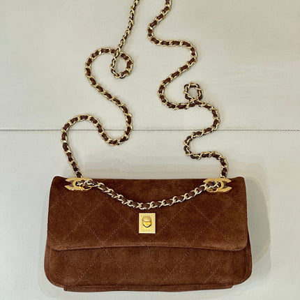 CHANEL 26S FLAP BAG 22 IN BROWN SUEDE WITH GOLD HARDWARE