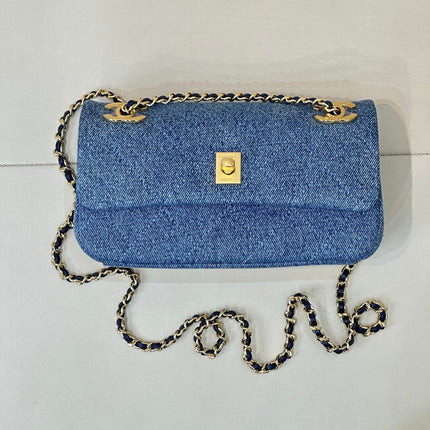 CHANEL 26S FLAP BAG 22 IN BLUE DENIM WITH GOLD HARDWARE
