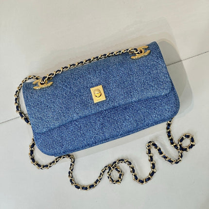 CHANEL 26S FLAP BAG 22 IN BLUE DENIM WITH GOLD HARDWARE