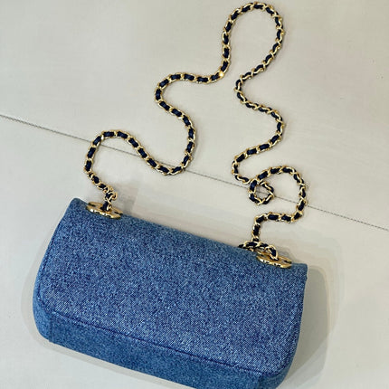 CHANEL 26S FLAP BAG 22 IN BLUE DENIM WITH GOLD HARDWARE