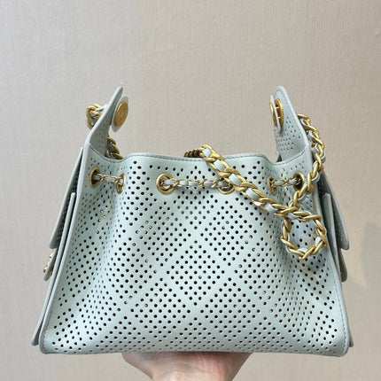 CHANEL 26S DRAWSTRING HOBO BAG 22 IN MINT GREEN PERFORATED CALFSKIN