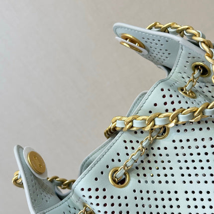 CHANEL 26S DRAWSTRING HOBO BAG 22 IN MINT GREEN PERFORATED CALFSKIN