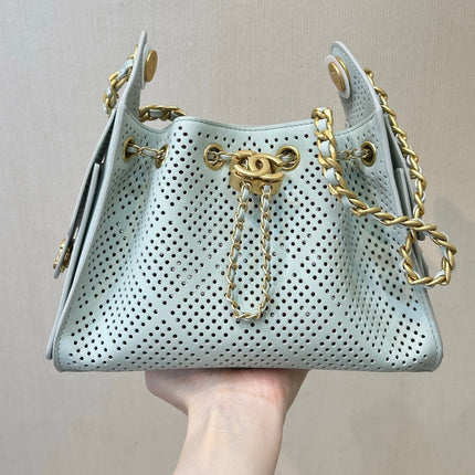 CHANEL 26S DRAWSTRING HOBO BAG 22 IN MINT GREEN PERFORATED CALFSKIN