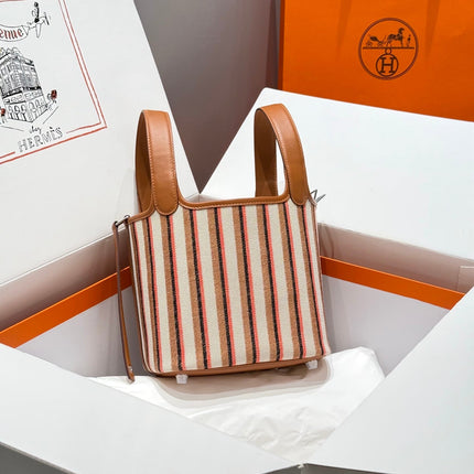 PICOTIN LOCK 18 BAG IN GOLD CALFSKIN ÉCRU/BEIGE/FAUVE/ROSE POP/NOIR EMBROIDERY CANVAS