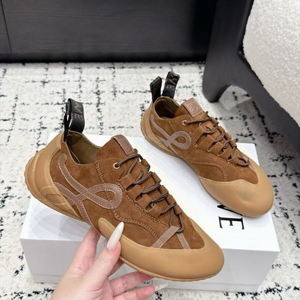 LOEWE 26S LOW TOP SNEAKERS IN CARAMEL BROWN SUEDE AND FABRIC WITH BROWN RUBBER