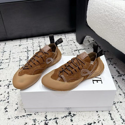 LOEWE 26S LOW TOP SNEAKERS IN CARAMEL BROWN SUEDE AND FABRIC WITH BROWN RUBBER
