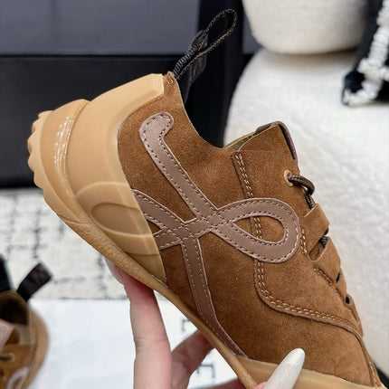 LOEWE 26S LOW TOP SNEAKERS IN CARAMEL BROWN SUEDE AND FABRIC WITH BROWN RUBBER