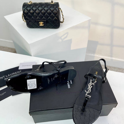 SL Cassandra Croc-Embossed Thong Sandals Black Leather