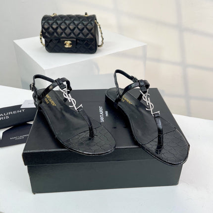 SL Cassandra Croc-Embossed Thong Sandals Black Leather