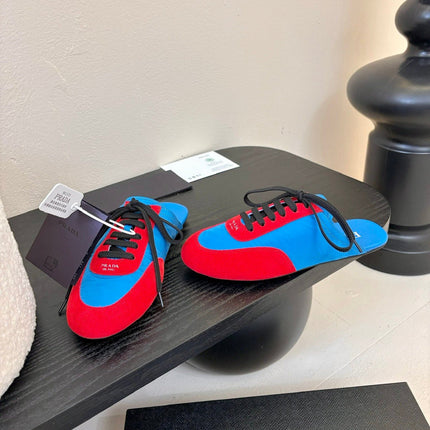 SNEAKER MULES IN BLUE NYLON AND RED SUEDE