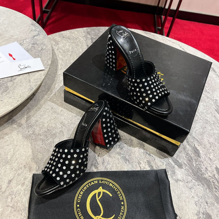 CHRISTIAN LOUBOUTIN 26S HEEL SANDALS 85 MM IN BLACK SUEDE RHINESTONE-EMBELLISHED