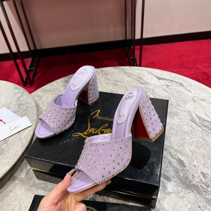 CHRISTIAN LOUBOUTIN 26S HEEL SANDALS 85 MM IN LIGHT PURPLE SUEDE RHINESTONE-EMBELLISHED