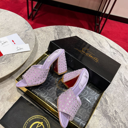 CHRISTIAN LOUBOUTIN 26S HEEL SANDALS 85 MM IN LIGHT PURPLE SUEDE RHINESTONE-EMBELLISHED