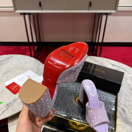 CHRISTIAN LOUBOUTIN 26S HEEL SANDALS 85 MM IN LIGHT PURPLE SUEDE RHINESTONE-EMBELLISHED
