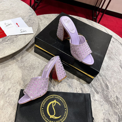 CHRISTIAN LOUBOUTIN 26S HEEL SANDALS 85 MM IN LIGHT PURPLE SUEDE RHINESTONE-EMBELLISHED