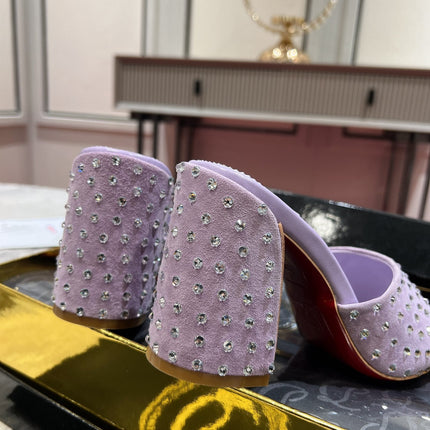 CHRISTIAN LOUBOUTIN 26S HEEL SANDALS 85 MM IN LIGHT PURPLE SUEDE RHINESTONE-EMBELLISHED