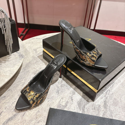 CHRISTIAN LOUBOUTIN 26S HEEL SANDALS 100 MM IN BLACK CALFSKIN AND GOLD SEQUINS