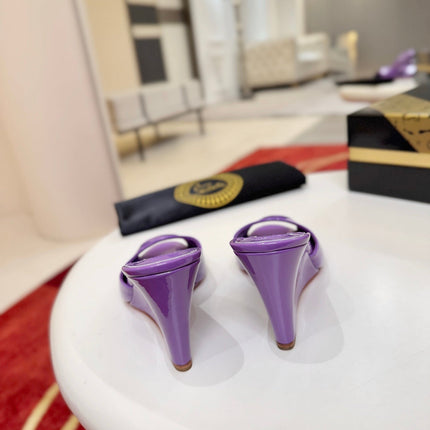 CHRISTIAN LOUBOUTIN 26S WEDGE SANDALS 85 MM IN PURPLE PATENT LEATHER