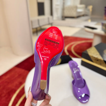 CHRISTIAN LOUBOUTIN 26S WEDGE SANDALS 85 MM IN PURPLE PATENT LEATHER