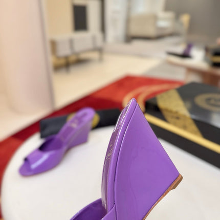 CHRISTIAN LOUBOUTIN 26S WEDGE SANDALS 85 MM IN PURPLE PATENT LEATHER