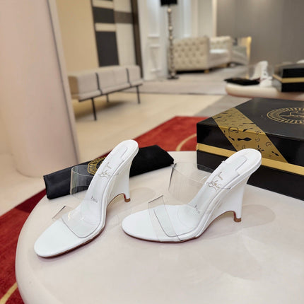 CHRISTIAN LOUBOUTIN 26S CLEAR-STRAP WEDGE SANDALS 100 MM IN WHITE LEATHER AND TPU