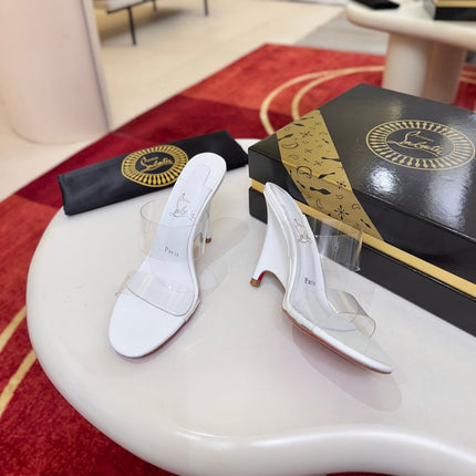 CHRISTIAN LOUBOUTIN 26S CLEAR-STRAP WEDGE SANDALS 100 MM IN WHITE LEATHER AND TPU