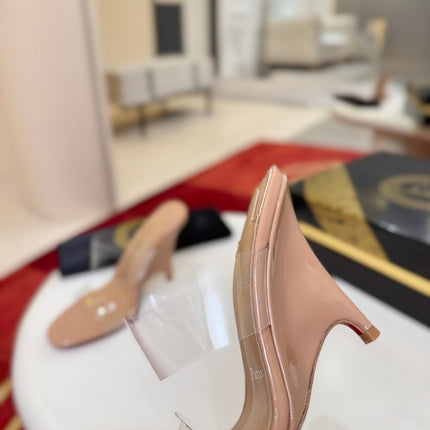 CHRISTIAN LOUBOUTIN 26S CLEAR-STRAP WEDGE SANDALS 100 MM IN BEIGE LEATHER AND TPU