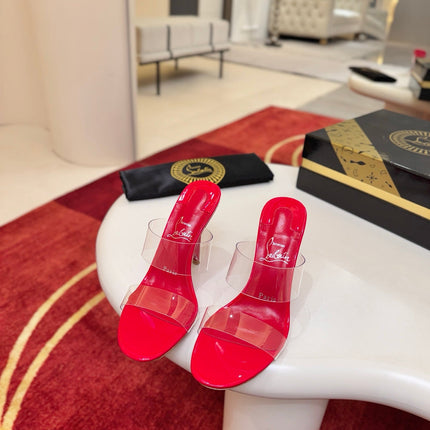 CHRISTIAN LOUBOUTIN 26S CLEAR-STRAP WEDGE SANDALS 100 MM IN RED LEATHER AND TPU