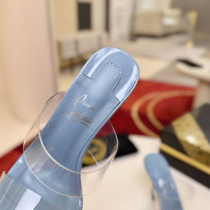 CHRISTIAN LOUBOUTIN 26S CLEAR-STRAP WEDGE SANDALS 100 MM IN SKY BLUE LEATHER AND TPU