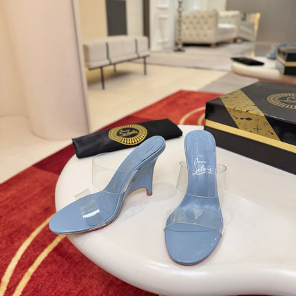 CHRISTIAN LOUBOUTIN 26S CLEAR-STRAP WEDGE SANDALS 100 MM IN SKY BLUE LEATHER AND TPU