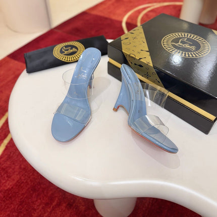 CHRISTIAN LOUBOUTIN 26S CLEAR-STRAP WEDGE SANDALS 100 MM IN SKY BLUE LEATHER AND TPU