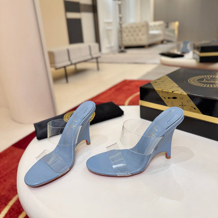 CHRISTIAN LOUBOUTIN 26S CLEAR-STRAP WEDGE SANDALS 100 MM IN SKY BLUE LEATHER AND TPU