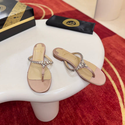 CHRISTIAN LOUBOUTIN 26S FLAT THONG SANDALS IN BEIGE SATIN AND LEATHER WITH CRYSTALS