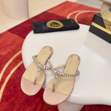 CHRISTIAN LOUBOUTIN 26S FLAT THONG SANDALS IN BEIGE SATIN AND LEATHER WITH CRYSTALS