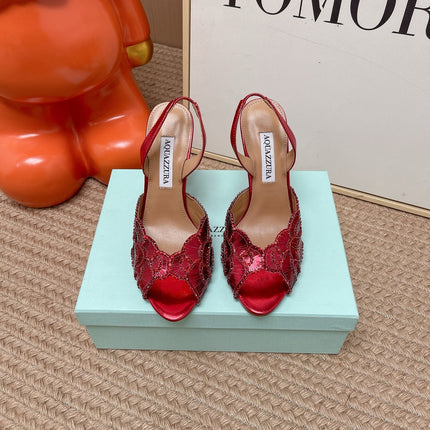 AQUAZZURA 26S GATSBY SLING PUMPS 105 MM IN RED SEQUINED